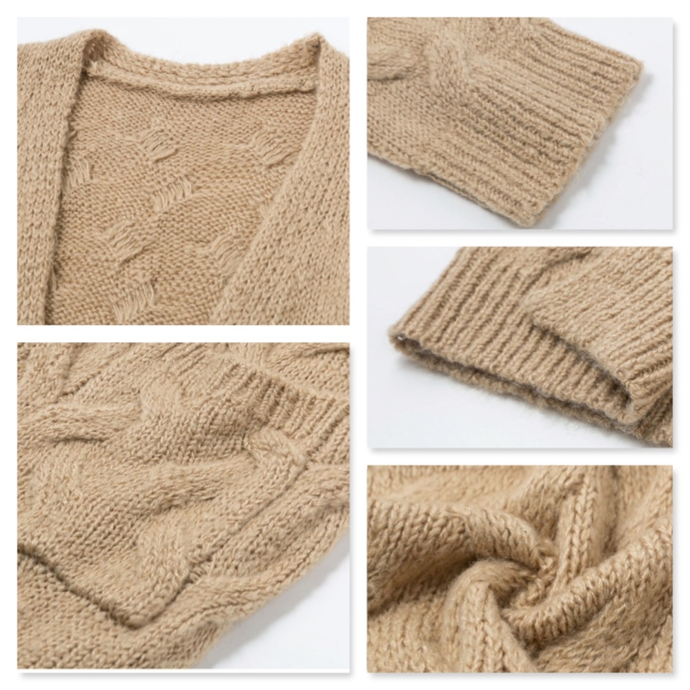 Open Cable Knit Cardigan, Long w/Pockets, Khaki - Picture 7 of 9